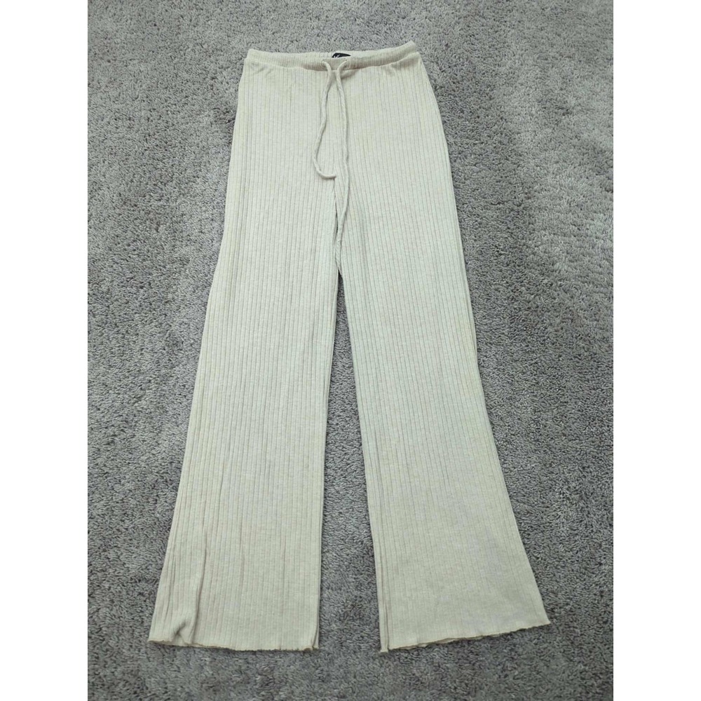 Lulus Pants Womens Small Beige Pull On High Rise Flare Ribbed Knit Casual Lounge